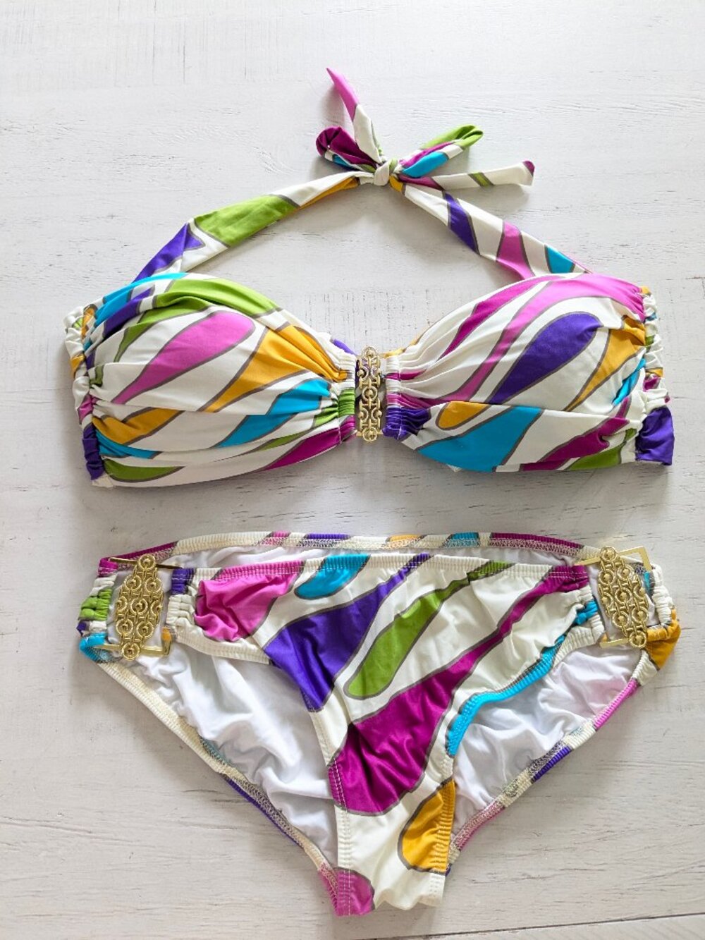 TARA GRINNA Bandeau Top 2-piece Bikini Gold Metal Accents Size 10